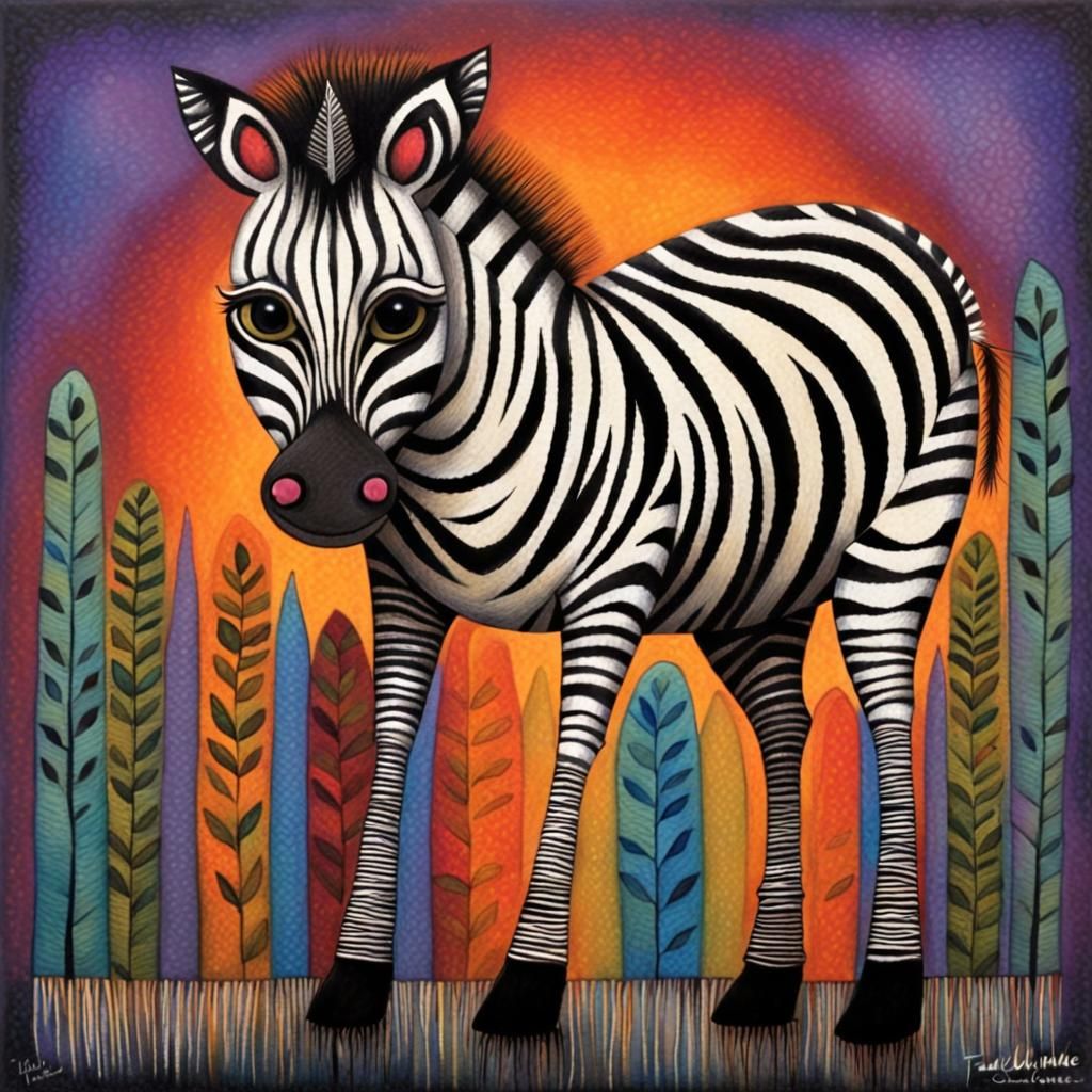 Whimsical Zebra in Tachisme Folk Art Style