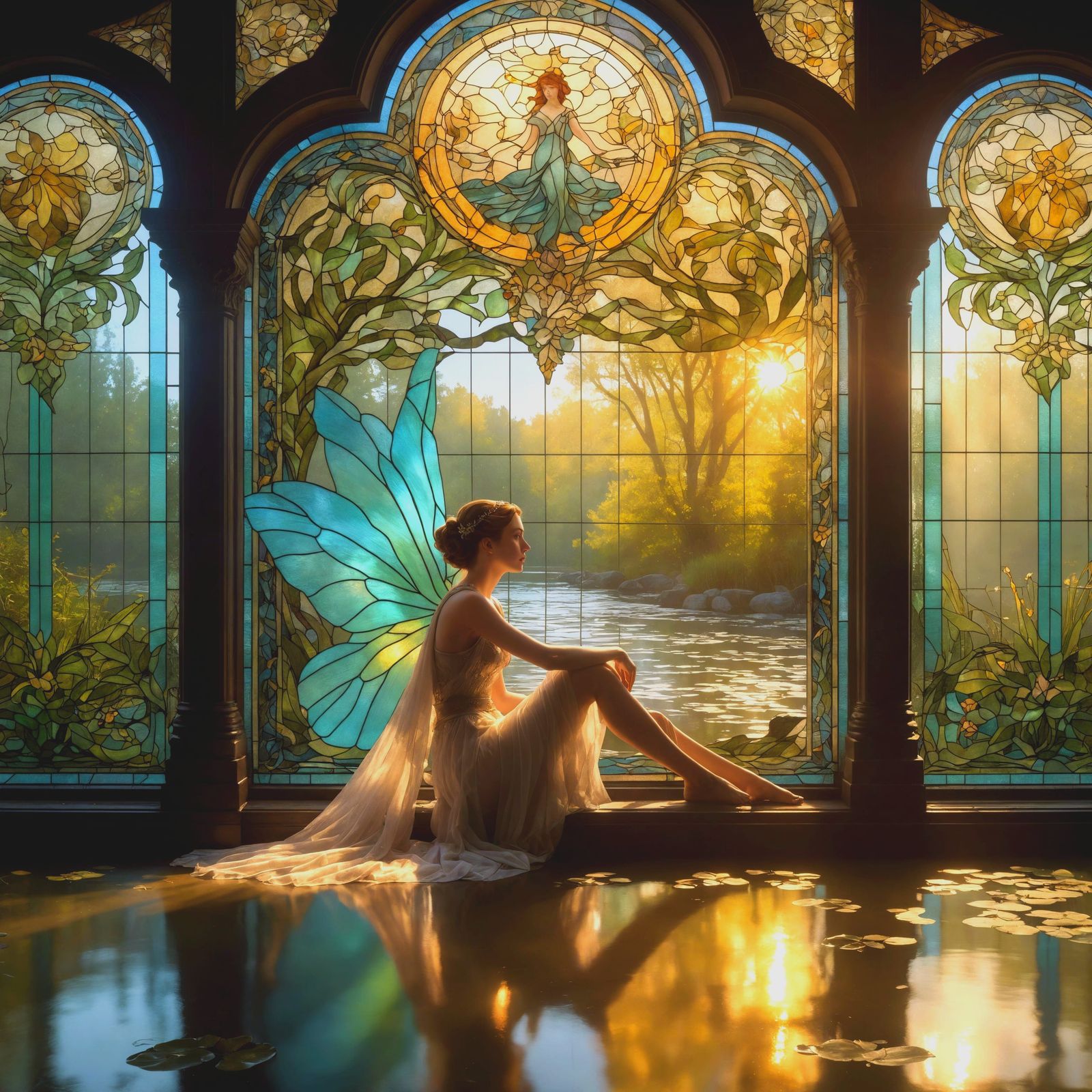 Ethereal Sylph Contemplation in Stained Glass Art