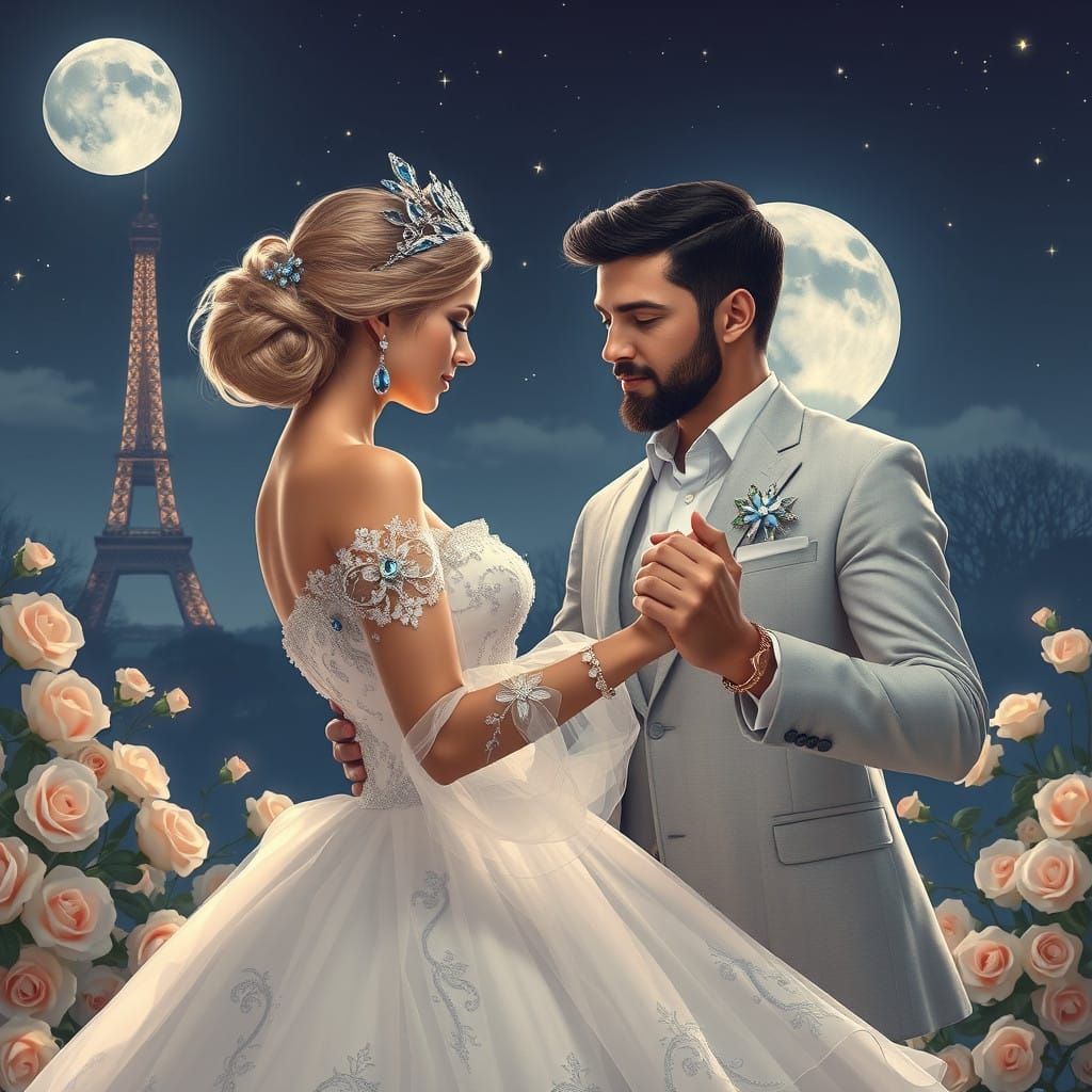 Elegant Parisian Nighttime Waltz in Romantic Fantasy Style