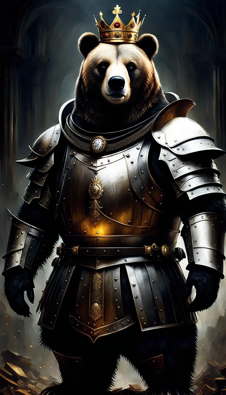 Armored Cyborg Bear King in Volcanic Landscape