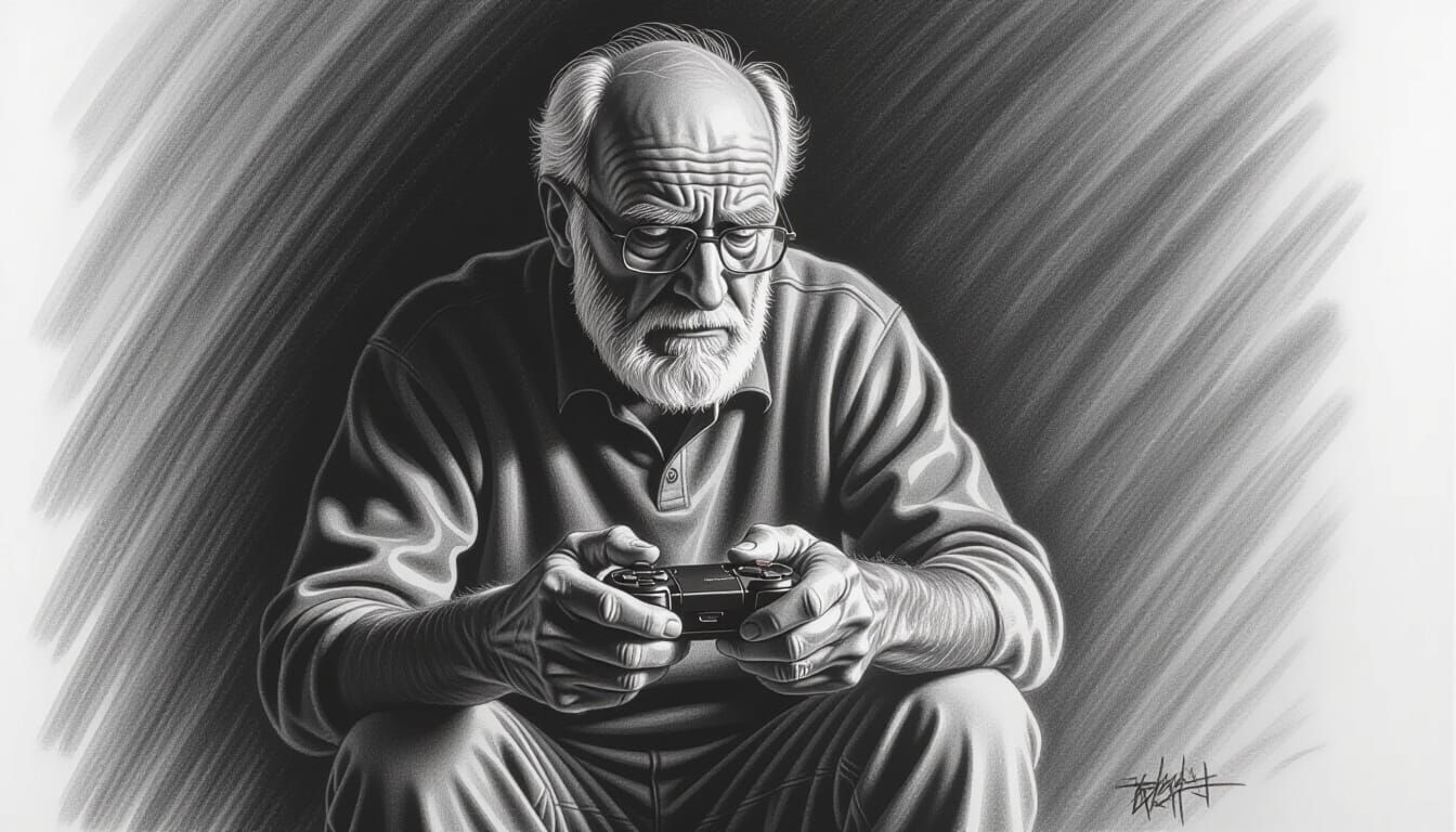 Old Gamer Knees Hurt, Hyperdetailed Charcoal Drawing