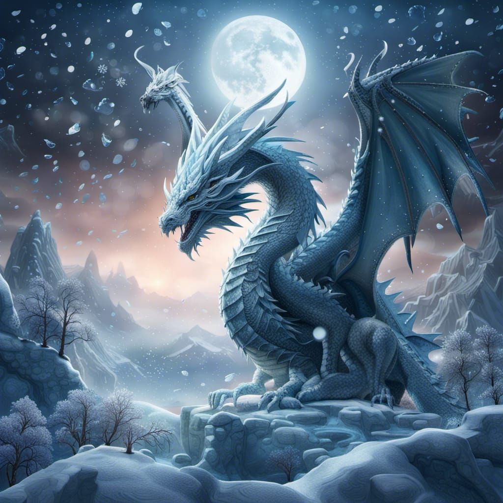 Icy Dragon in Winter Night Landscape