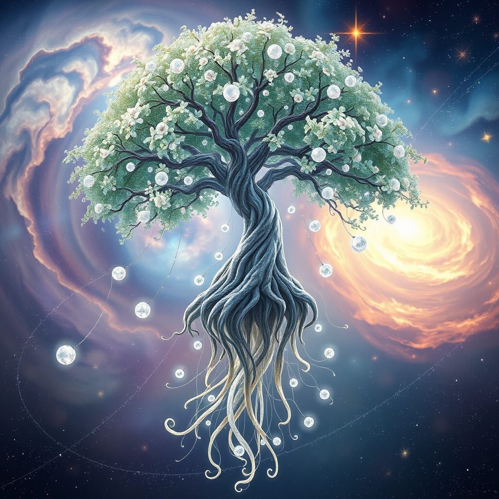 Ethereal Floating Tree in a Cosmic Expanse