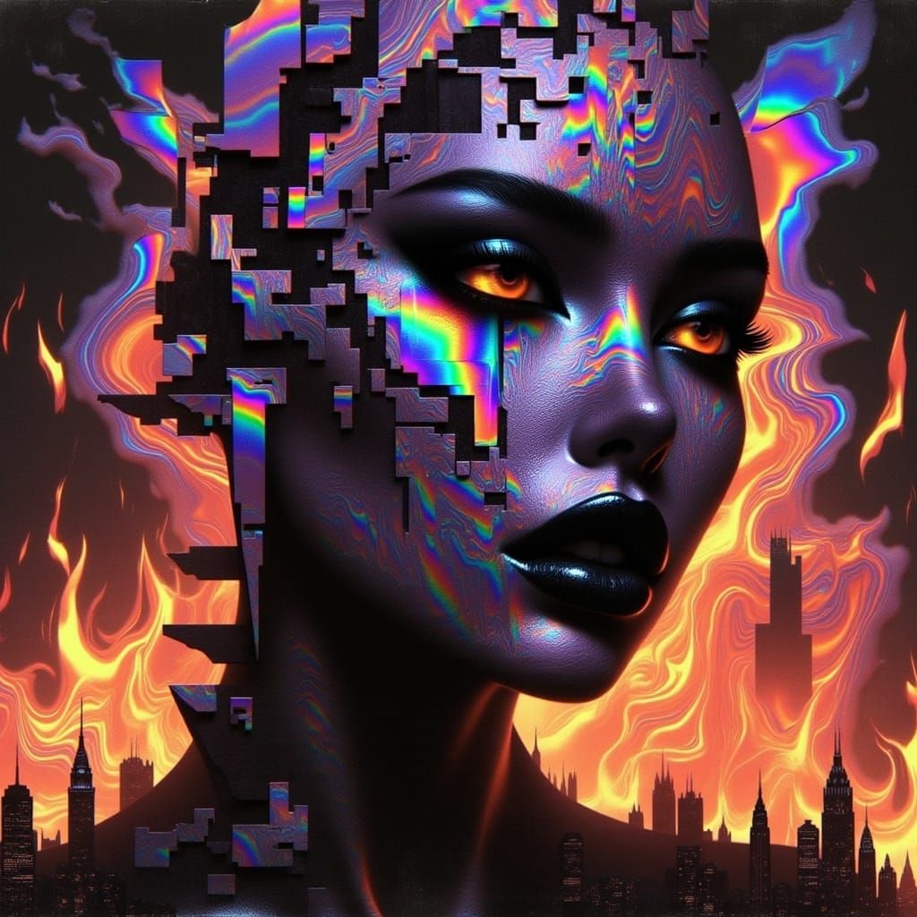 <lora:GlitchFoilFlux:1.0> glitched face, twisted rainbow gleaming metal spikes, fire tornado, tear drops