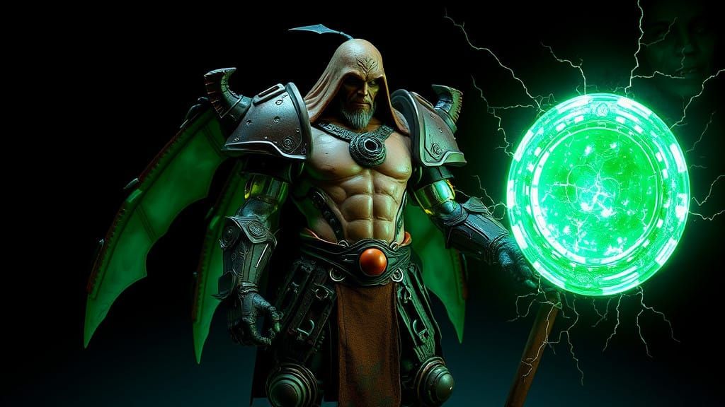 Cybernetic Barbarian Confronts Terracotta Golem in Cosmic En...