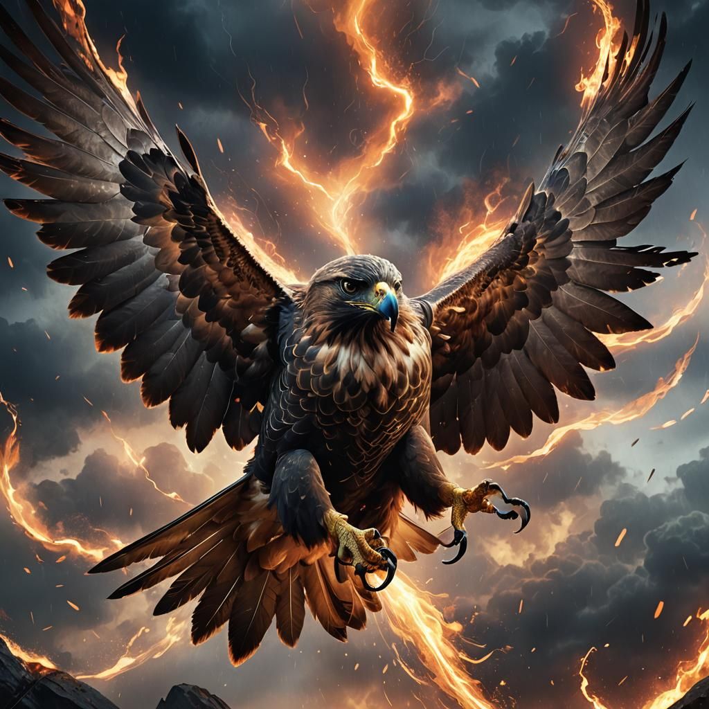 Fiery Hawk Soaring Through Mystical Storm