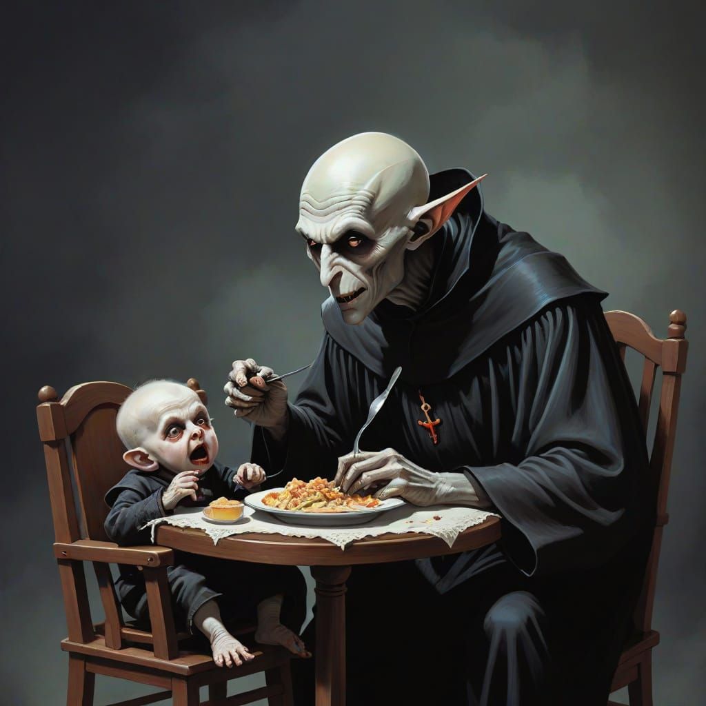 Nosferatu Feeds His Child in Highchair