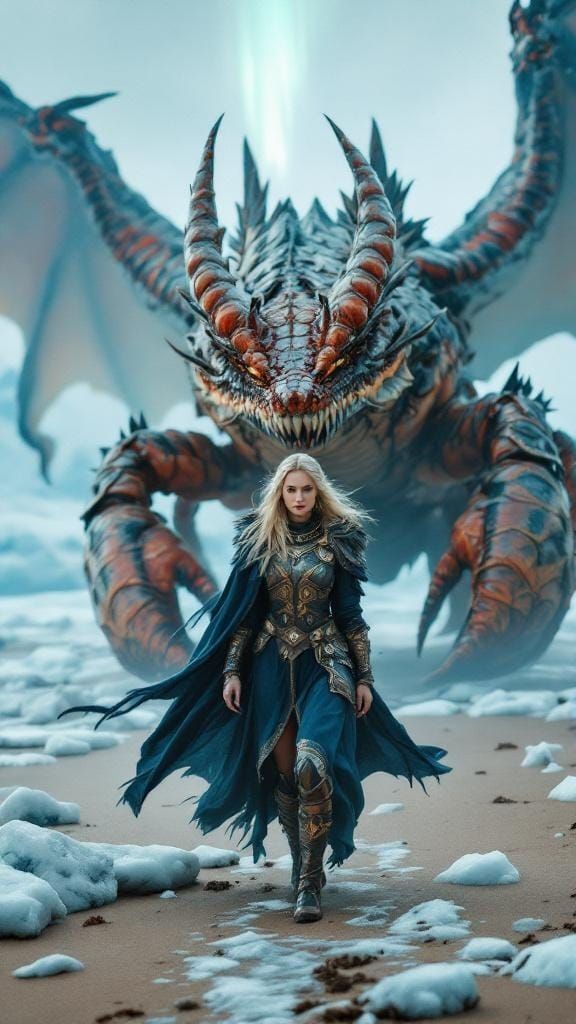Viking Woman and Dragon on Greenland Beach