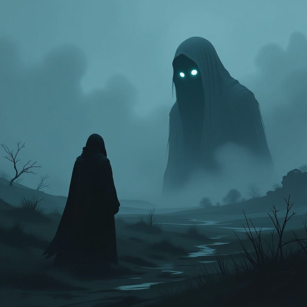Mysterious Figure Listens in Dimly Lit Landscape