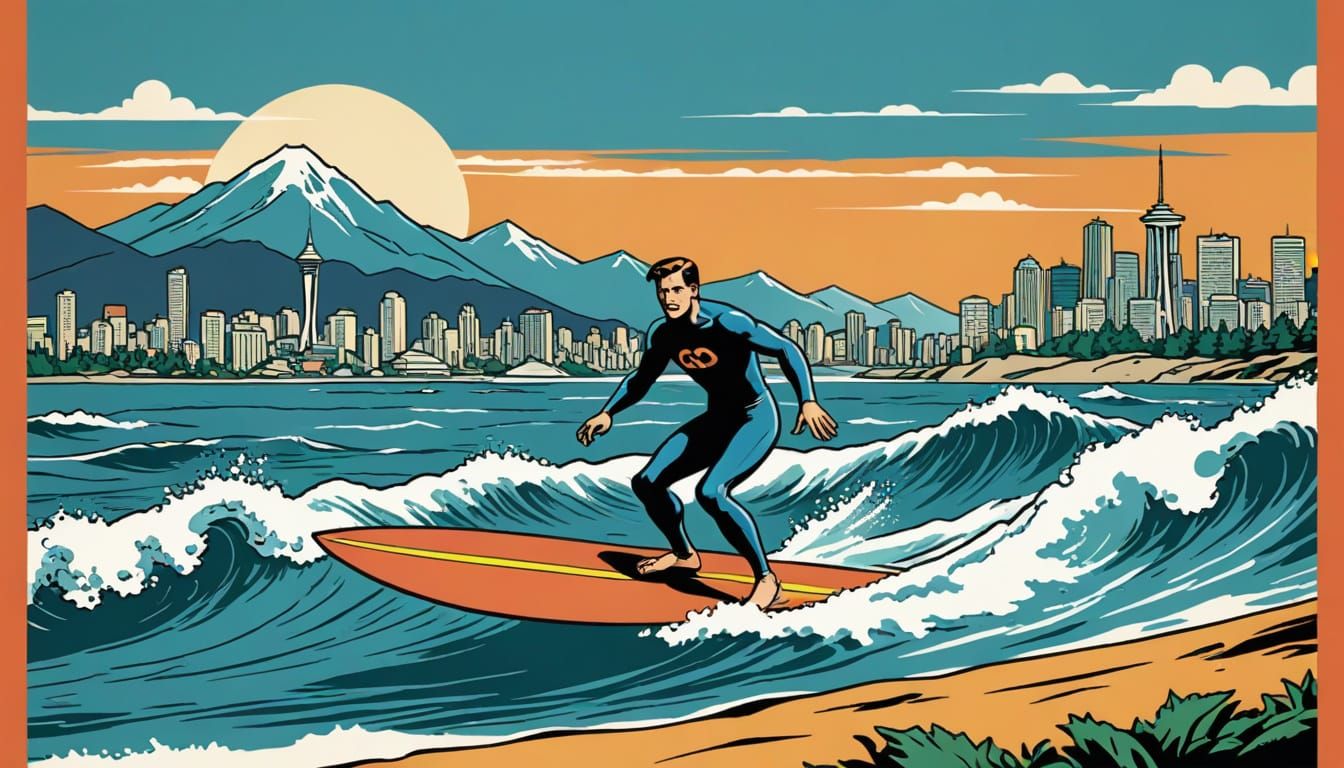 Vintage Comic Surfer Near Vancouver Coast in Serigraphy Styl...