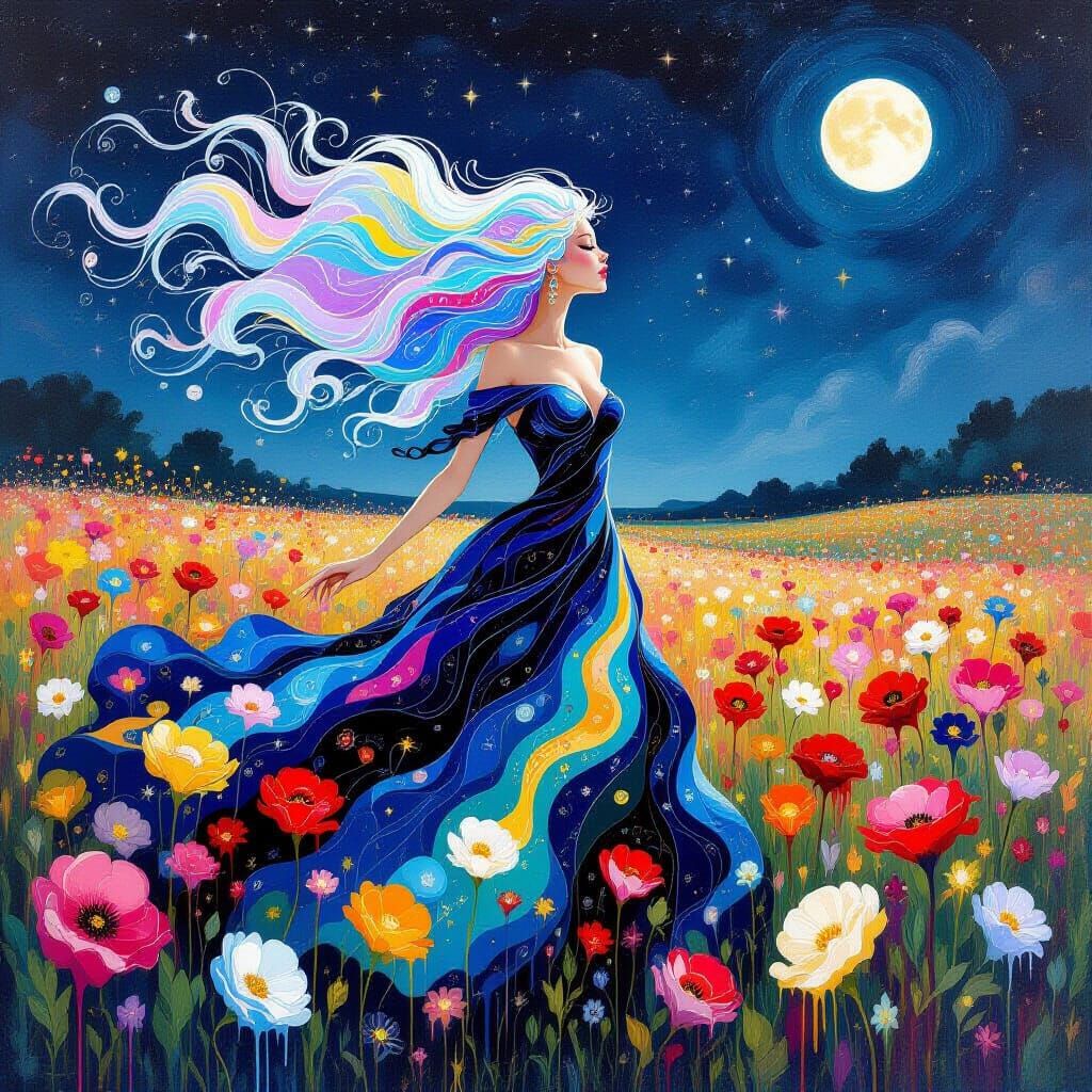 Ethereal Ink-Haired Woman Dancing in Bioluminescent Field