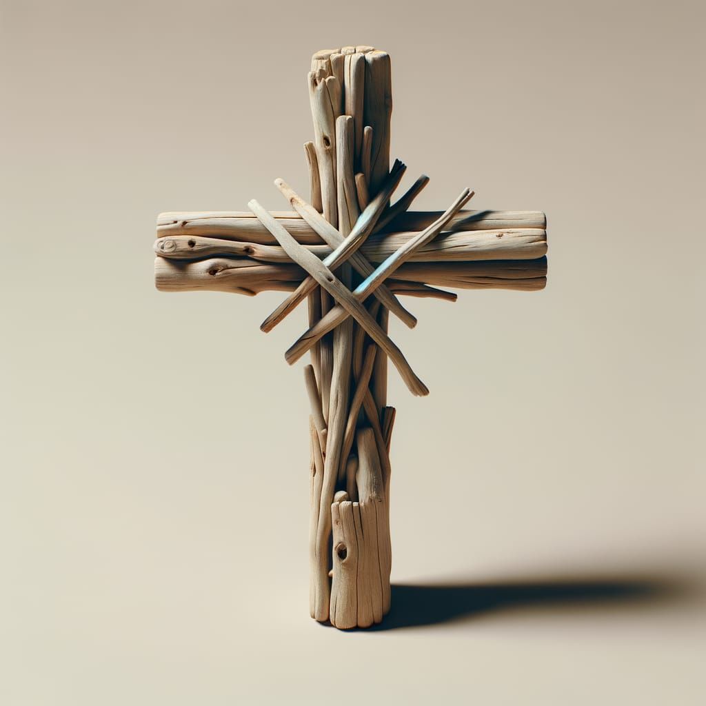 A Simple Wooden Cross Made from Driftwood Found on the Sea