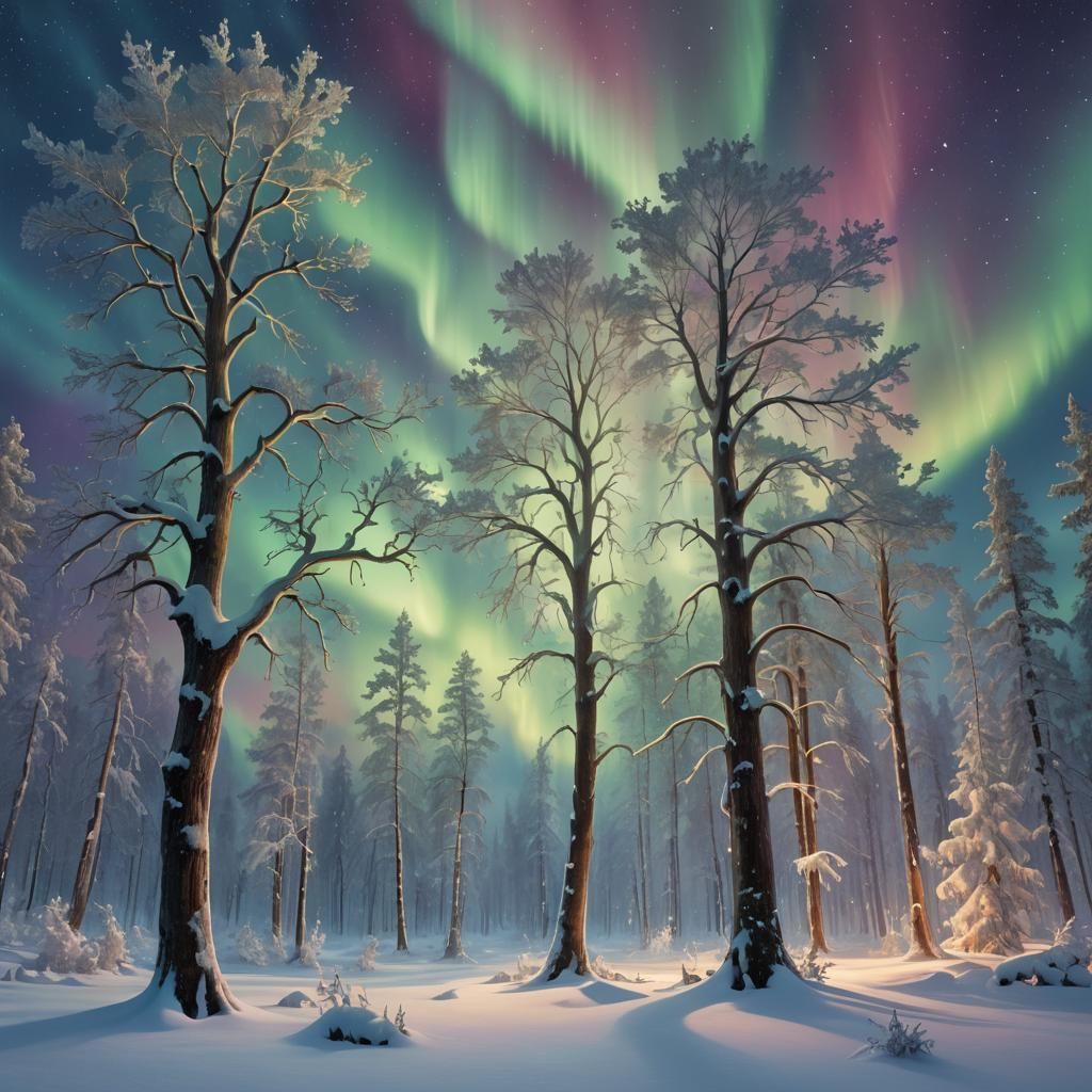 Ethereal Aurora Borealis Fantasy Landscape in Kinkade Style