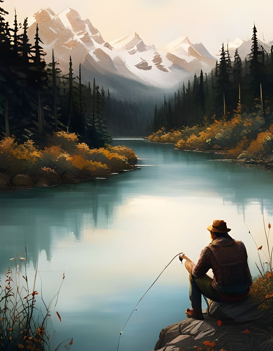 Detailed Lake Fishing Illustration in Fine Art Style