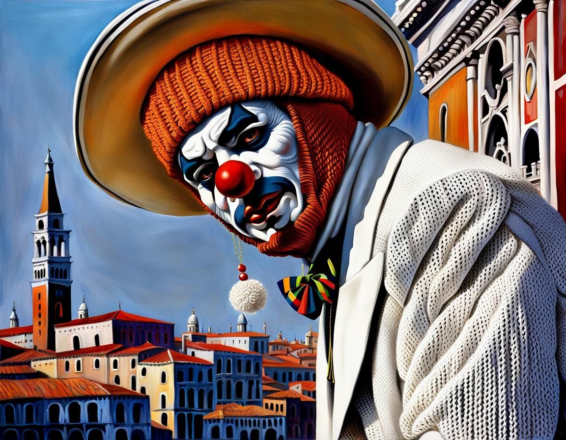Sad Clown in Venice, Detailed Digital Painting