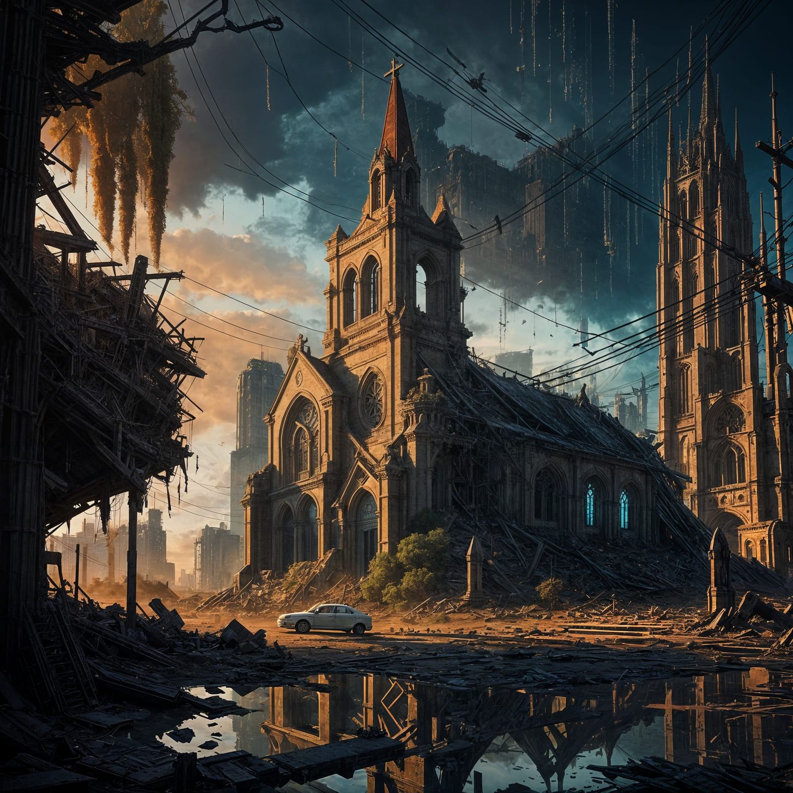 Ruined Church in Futuristic Cityscape