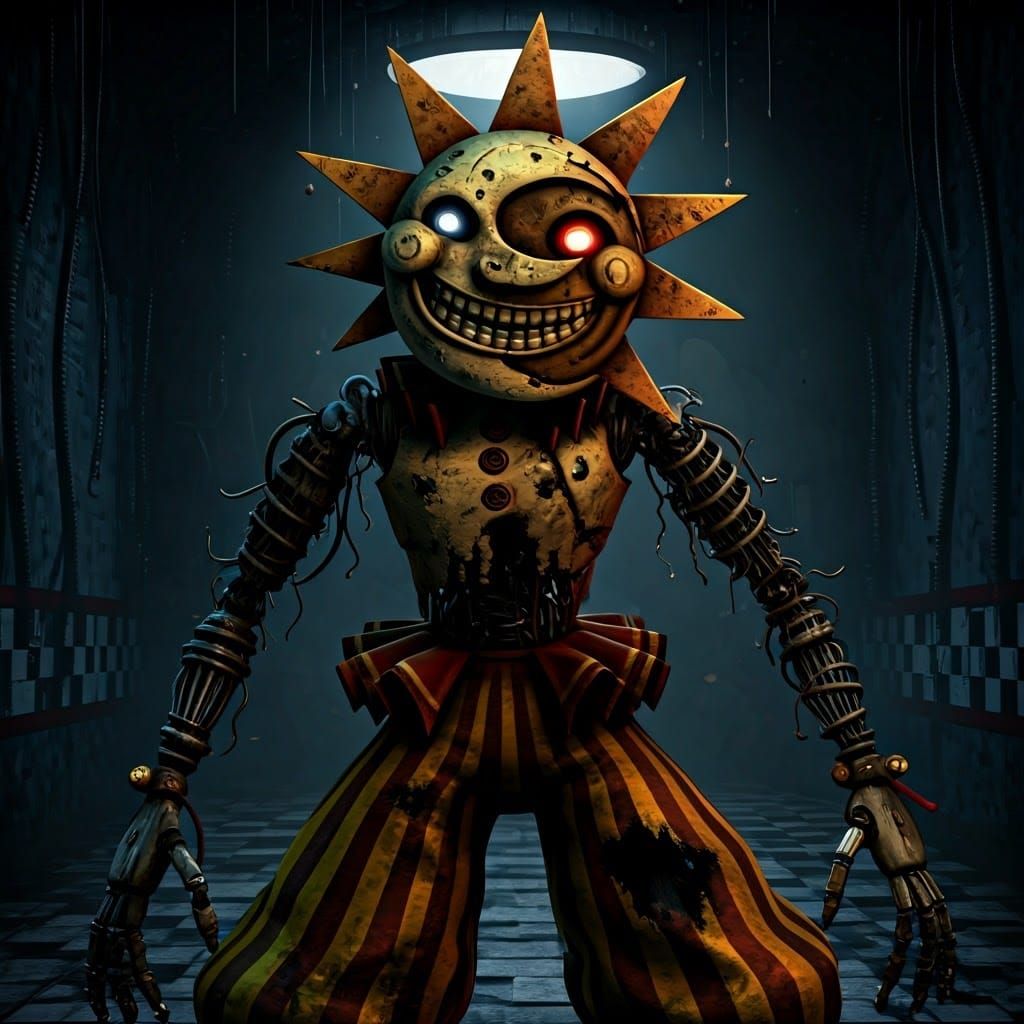 Twisted Sundrop and Moondrop Animatronics in Dimly Lit Setti...