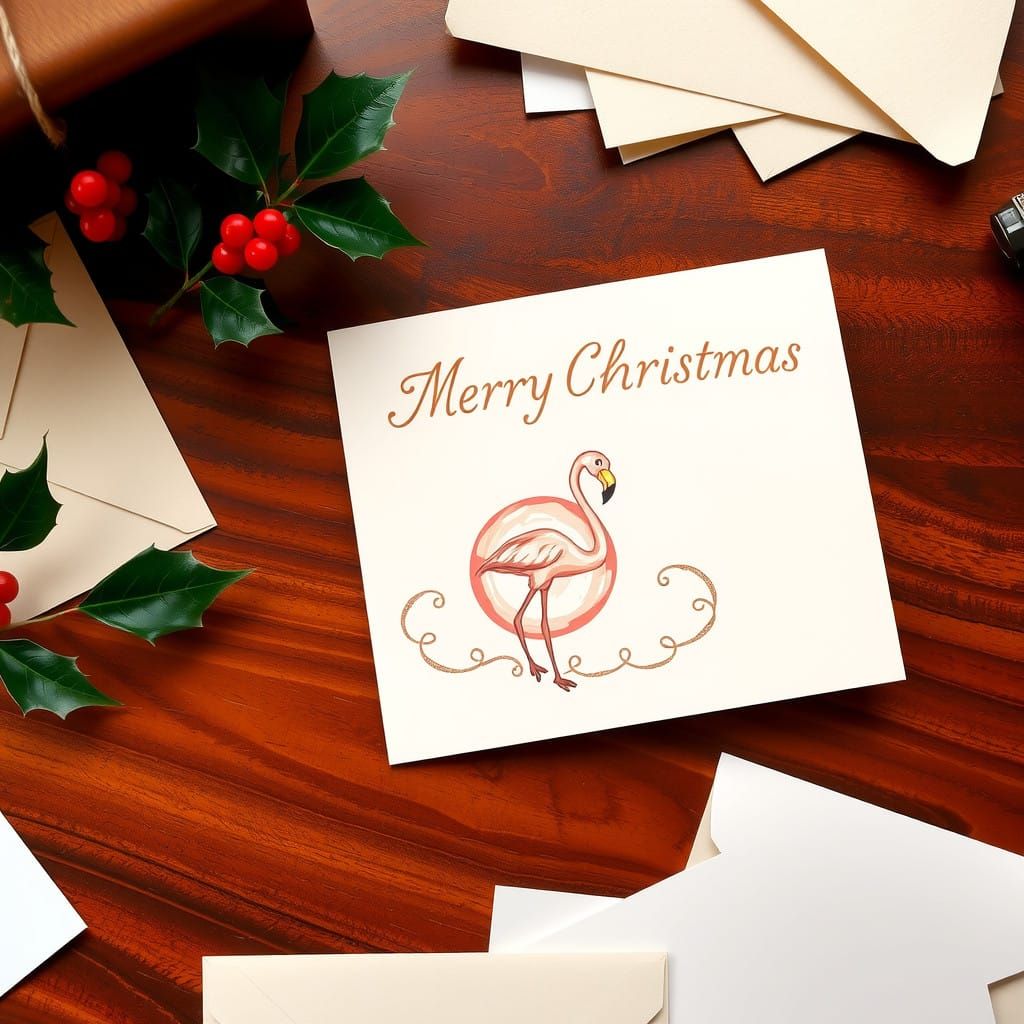 Vintage-Inspired Christmas Card on Wooden Desk