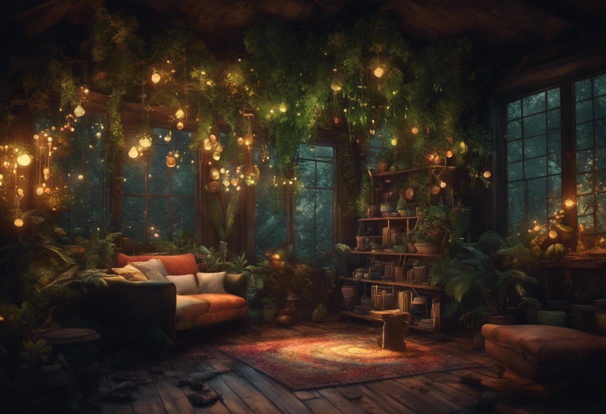 Lush Indoor Garden Scene in Mixed Media