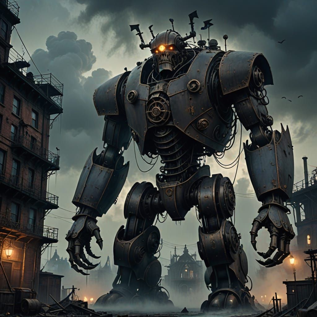 Colossal Iron Golem in Forgotten Steampunk City