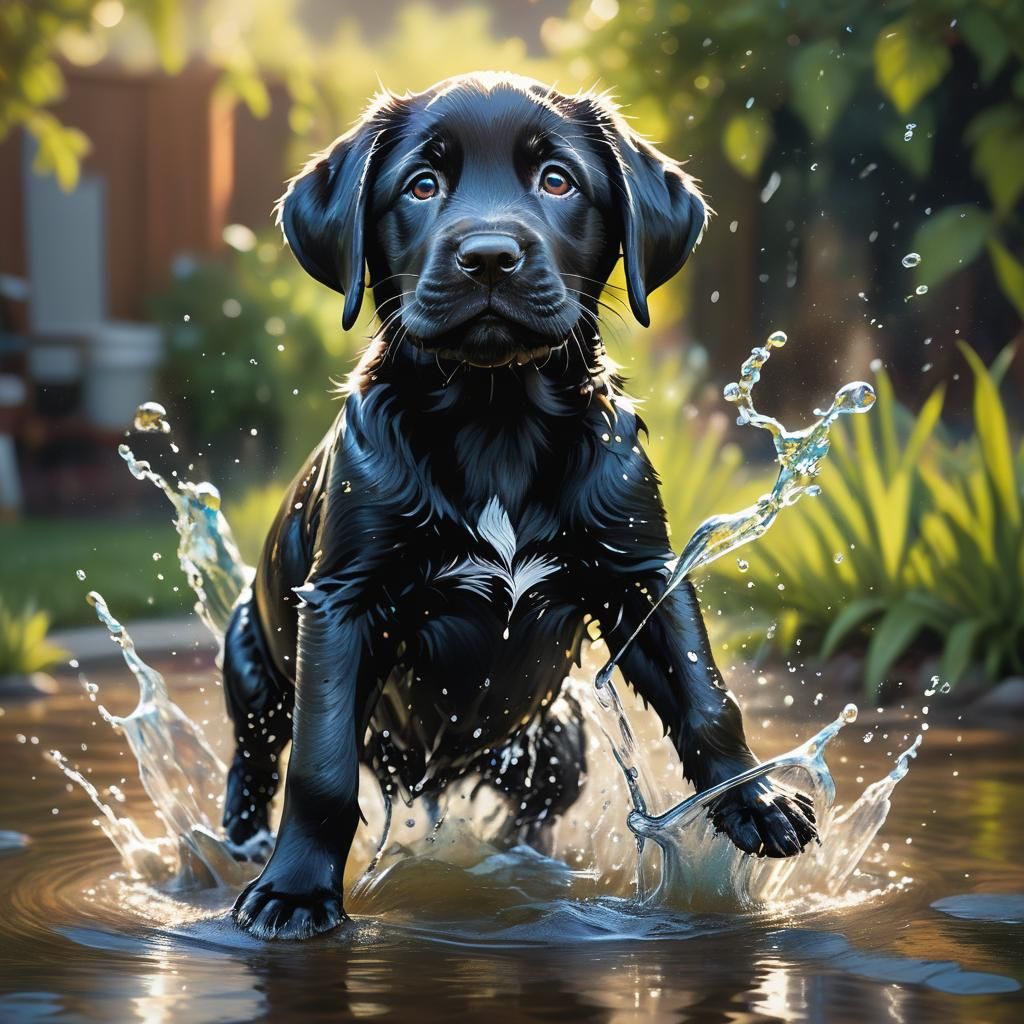 Hyperrealistic Black Lab Puppy Plays in Water