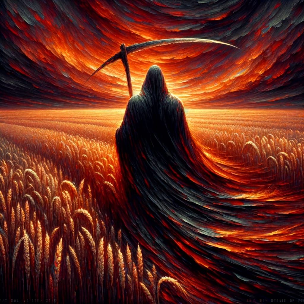 Grim Reaper Walks Through Wheat Field at Dusk