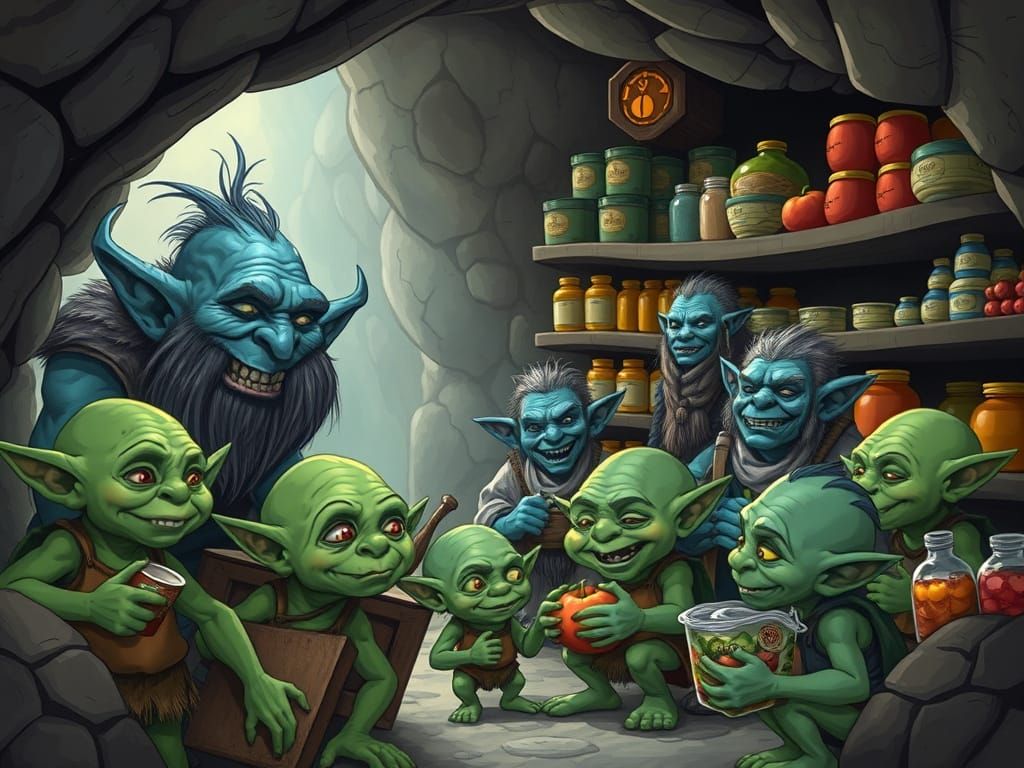 Goblins Visit Troll Food Pantry in Realistic Style