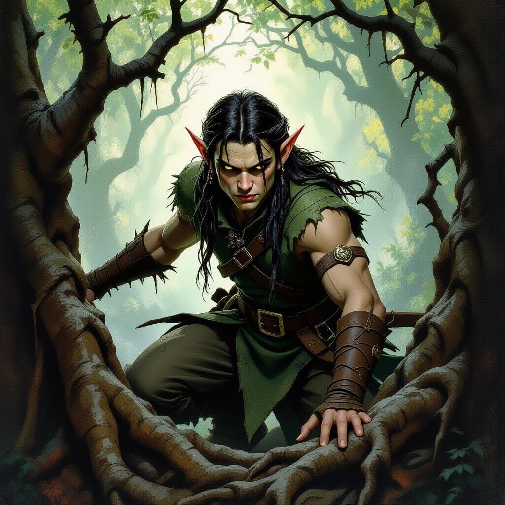 Wood Elf Lurking in Shadows: Frazetta Style