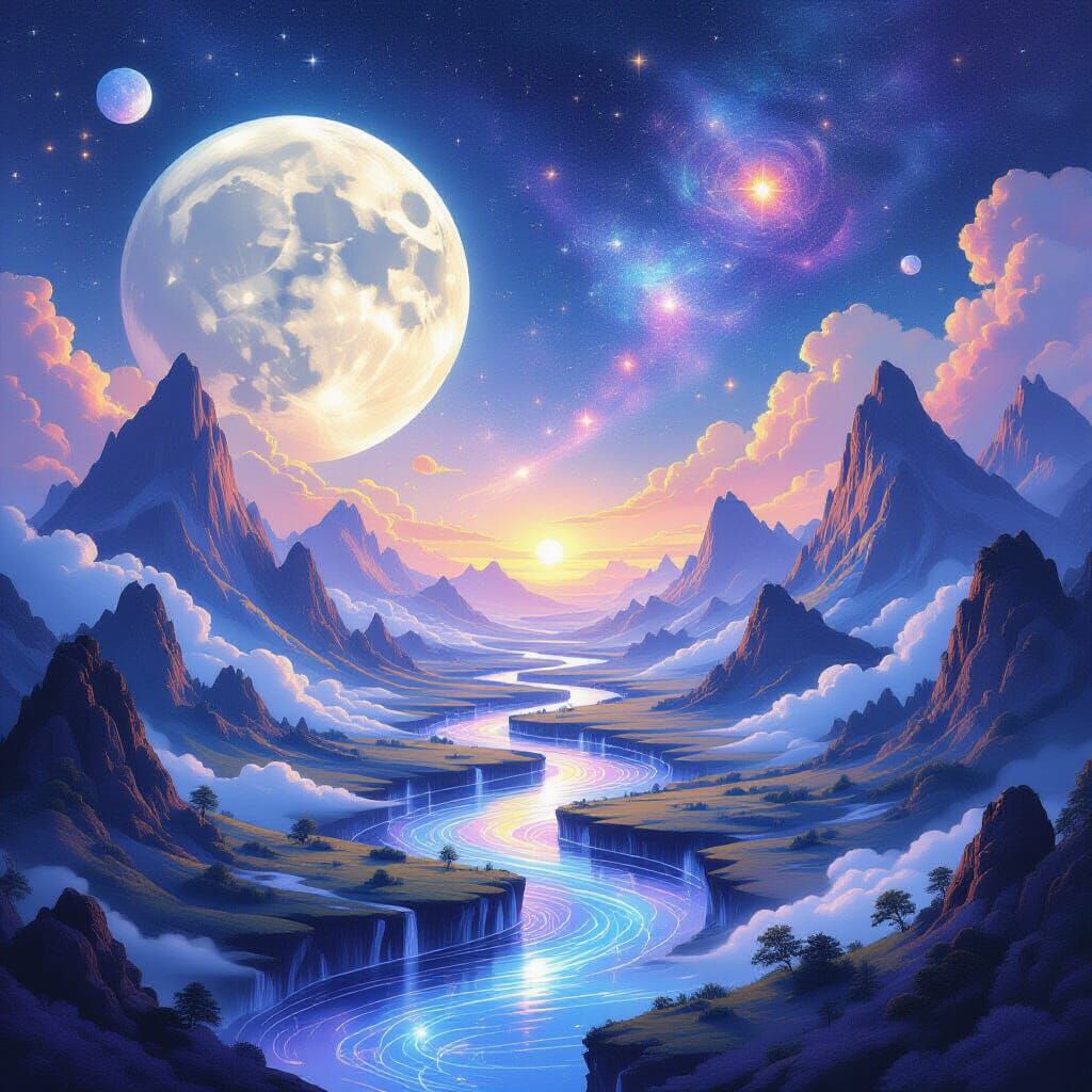 Mystical Moonlight Mountains & Amethyst Rivers in Gouache