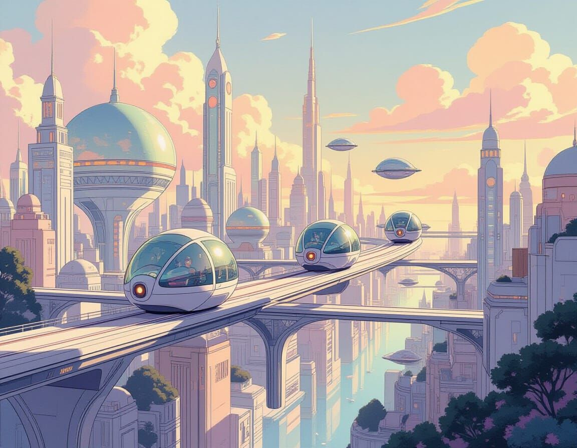 Futuristic Cityscape with Spherical Pods in Moebius Style