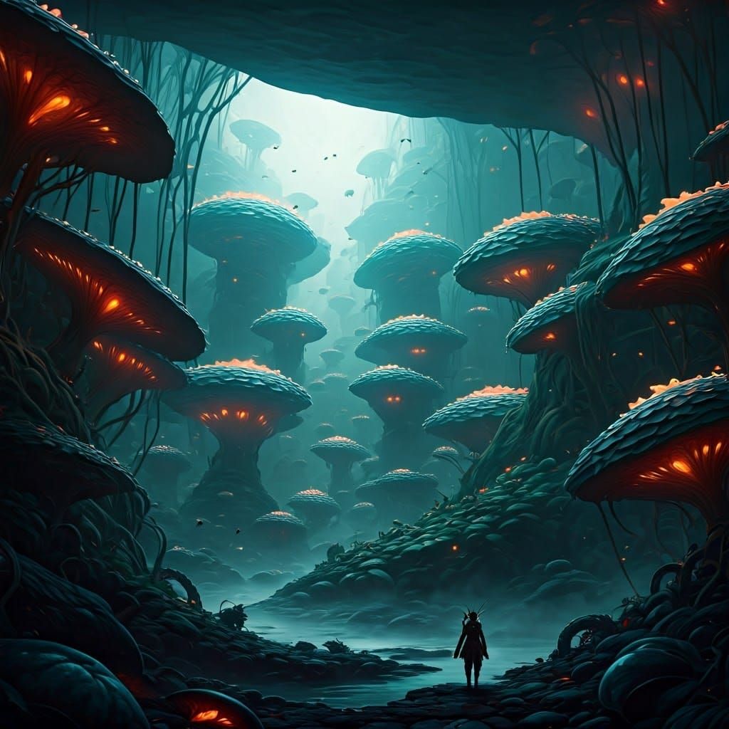 Dark Fantasy Realm of Bioluminescent Wonders and Ancient Ins...