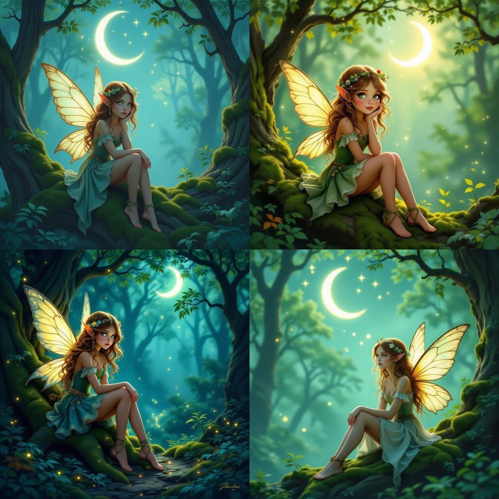 Fairy Girl in Misty Forest with Stars and Moon