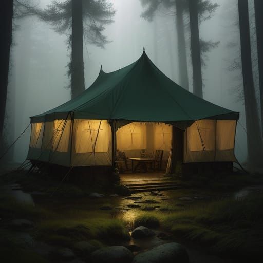 Misty Forest Camping Scene With Glowing Tent