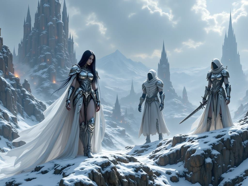 Armored Elf and Companions in Ruined City