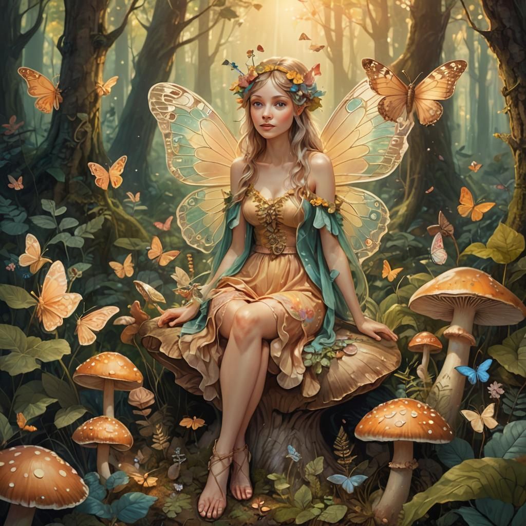Whimsical Fairy and Woman on a Mushroom in a Dreamy Forest