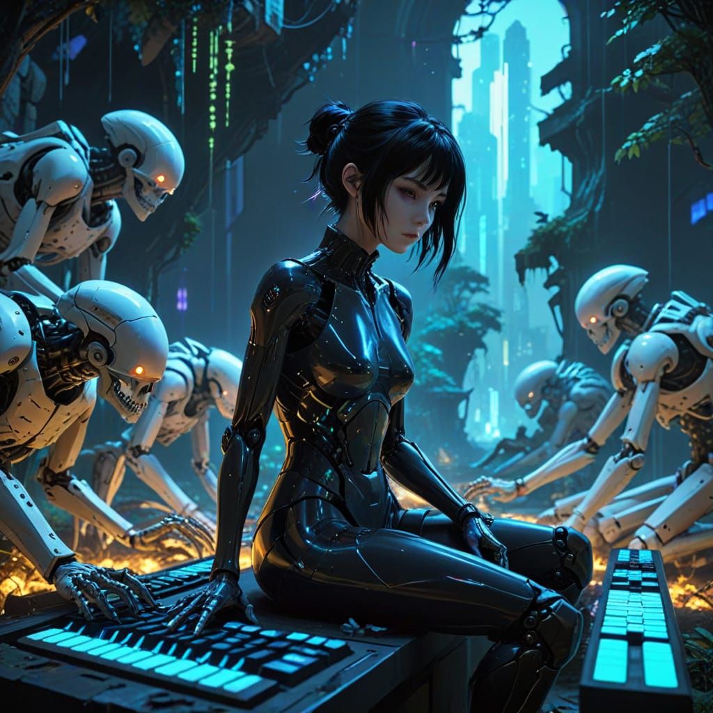 Gothic Cyberpunk Hacker in Clockwork Graveyard