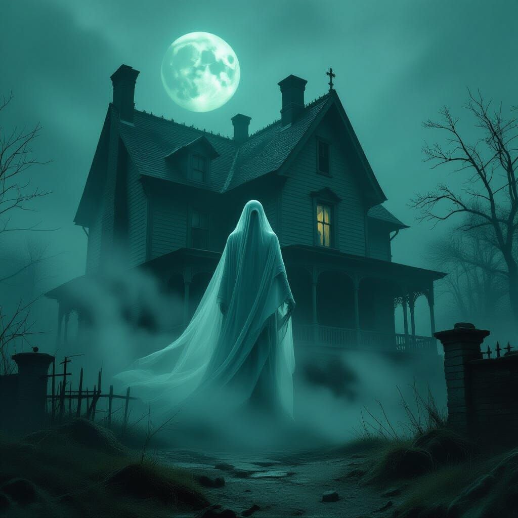 Ethereal Ghost Haunts Dilapidated House in Gothic Horror Sty...