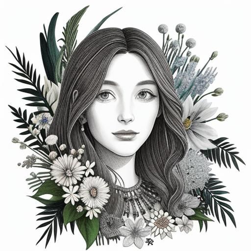 Elegant Line Drawing of Woman with Floral Design