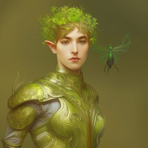Art Nouveau Elf in Lichen Armor Portrait