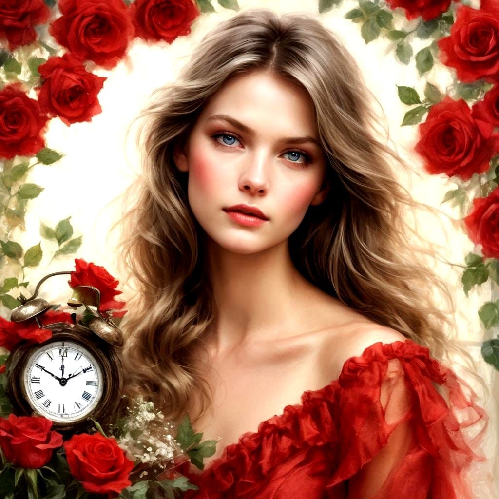 Blonde Woman with Blue Eyes and Antique Clock