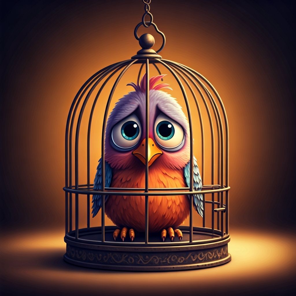 Sad Cartoon Bird in Whimsical Cage