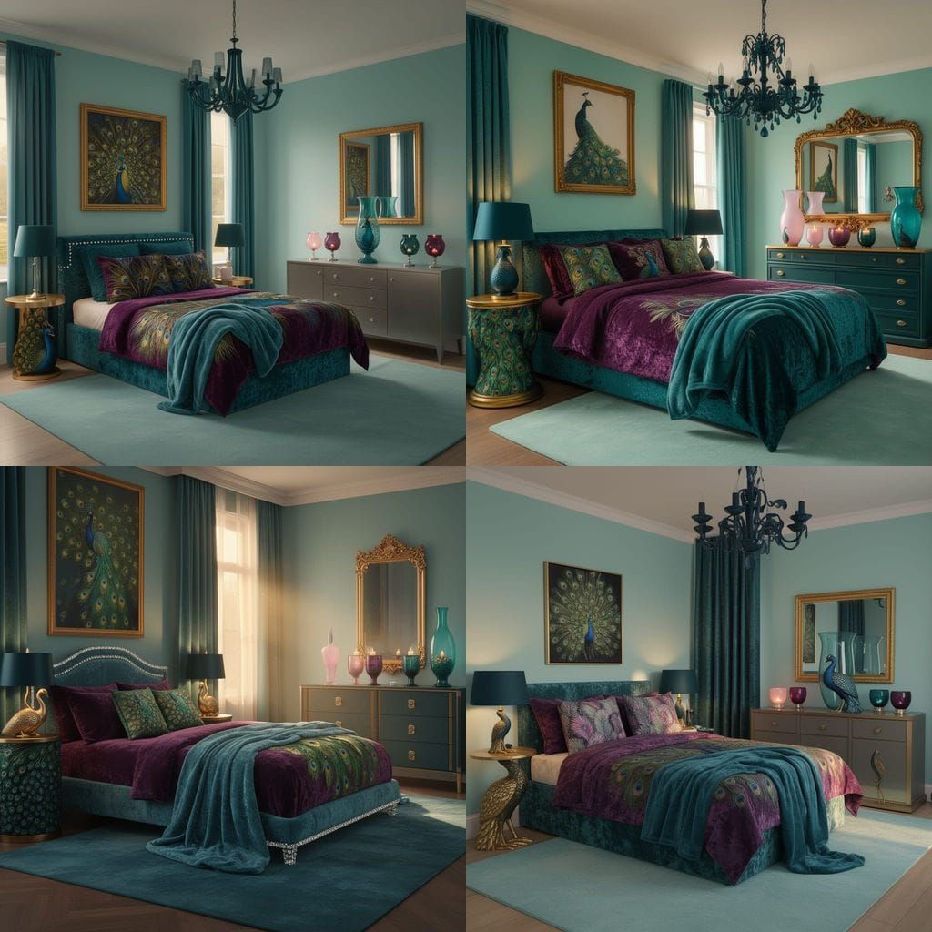 Elegant Teal Bedroom With Peacock Accents