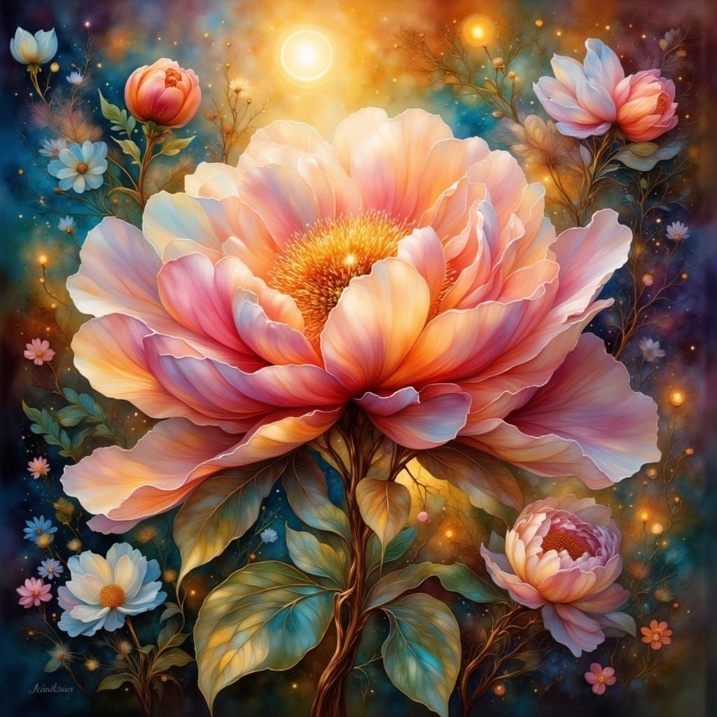 Realistic Glass Peony with Sparkling Sunshine