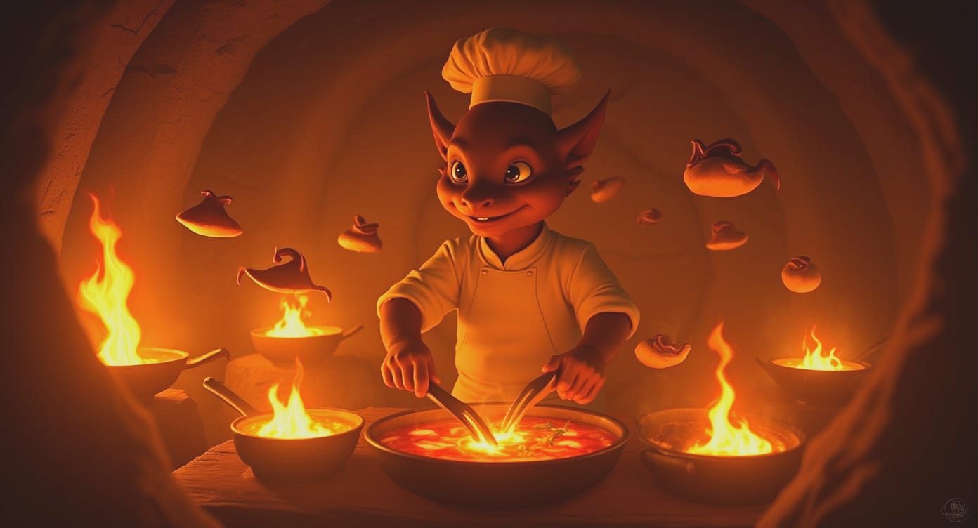 Baby Dragon Chef Prepares Fiery Delicacies in Cozy Cave Cafe