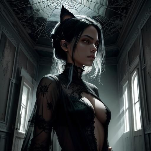 Eerie Cat in Abandoned House with Spiderwebs