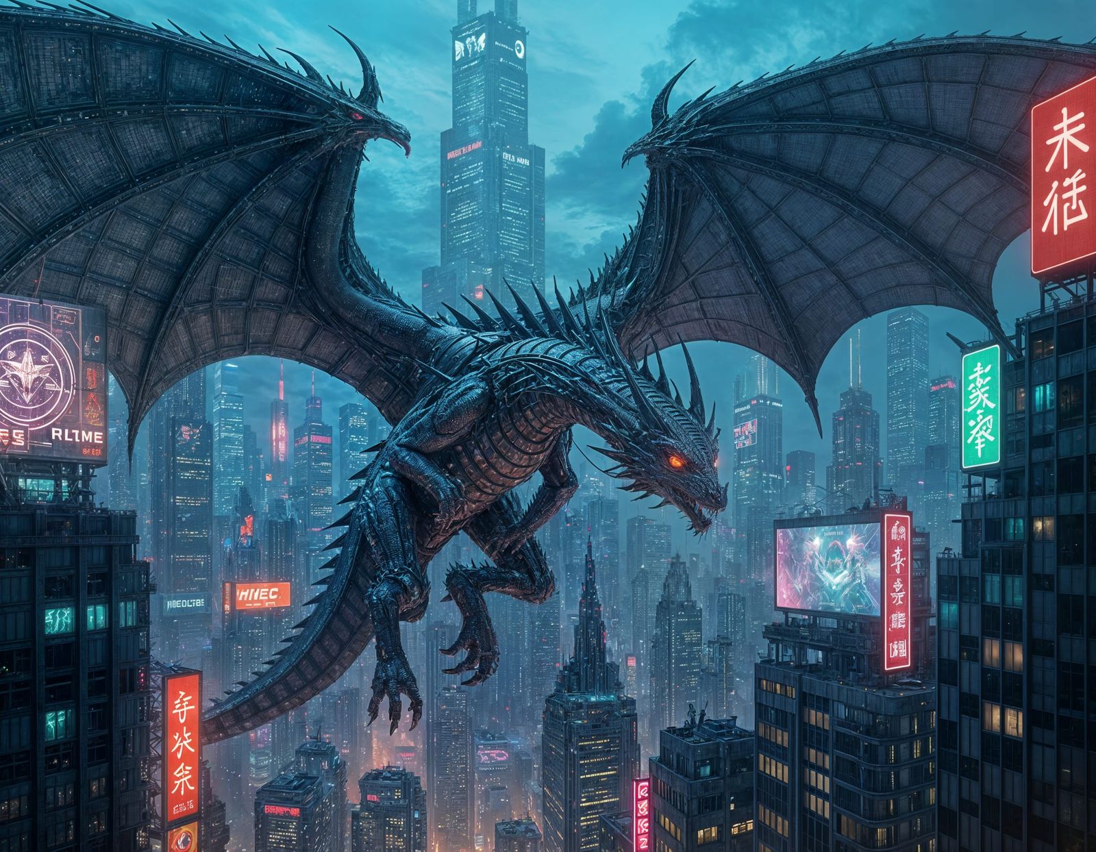 Cyberpunk Dragon Soaring Through Neon Metropolis