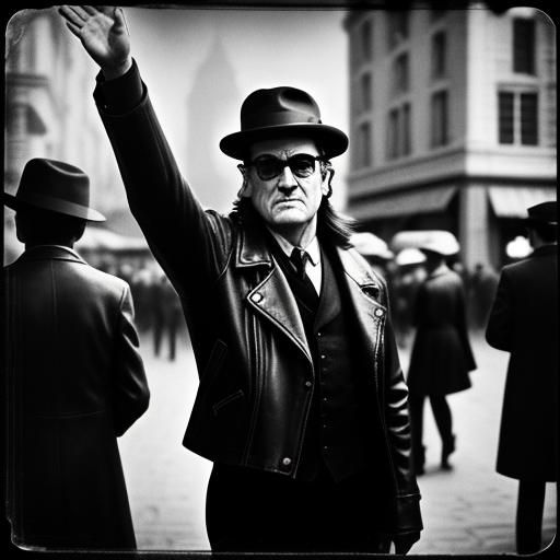 Time Traveler Waving in Vintage Street Photography Style