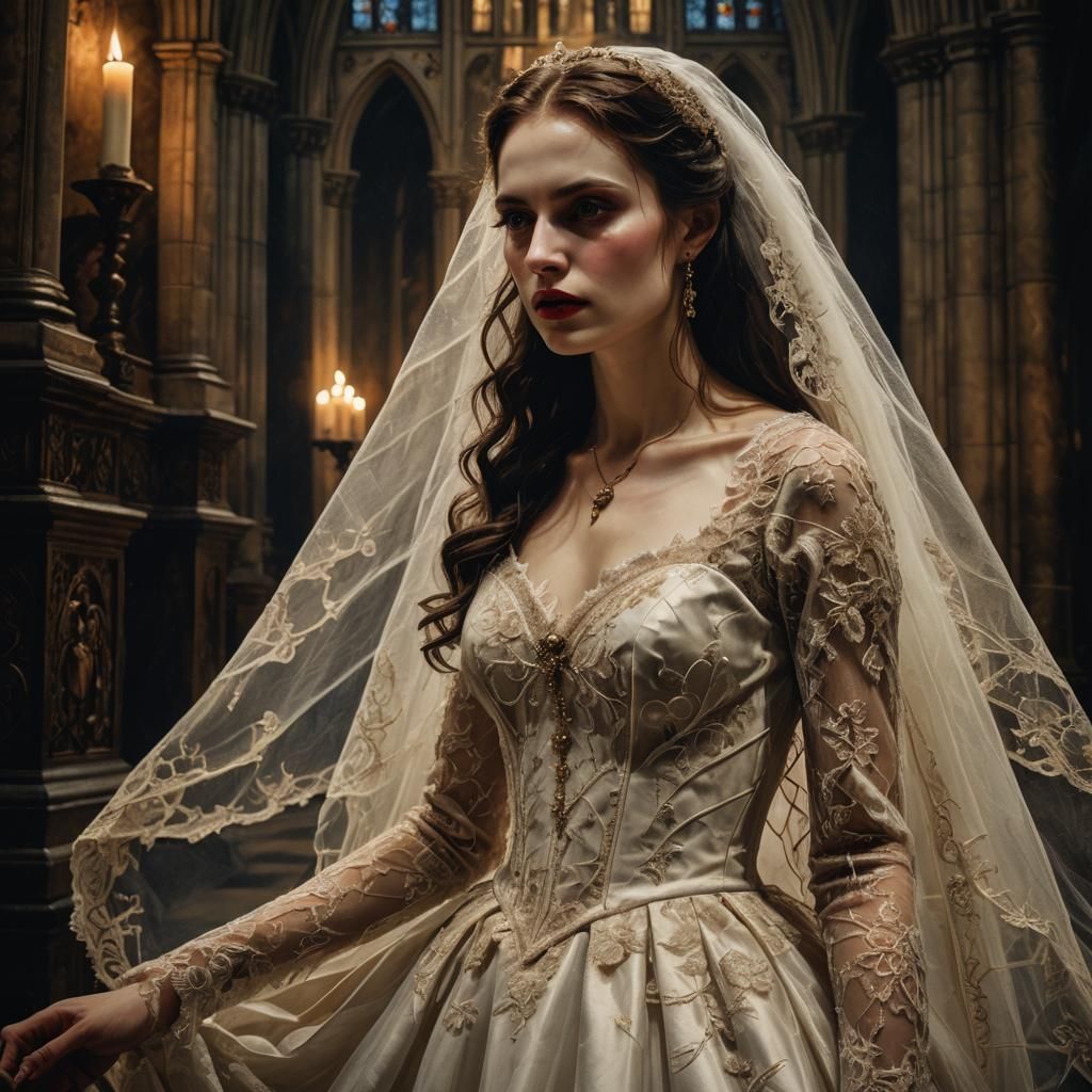 Vampire's Gothic Romance in Cathedral: Oil Painting