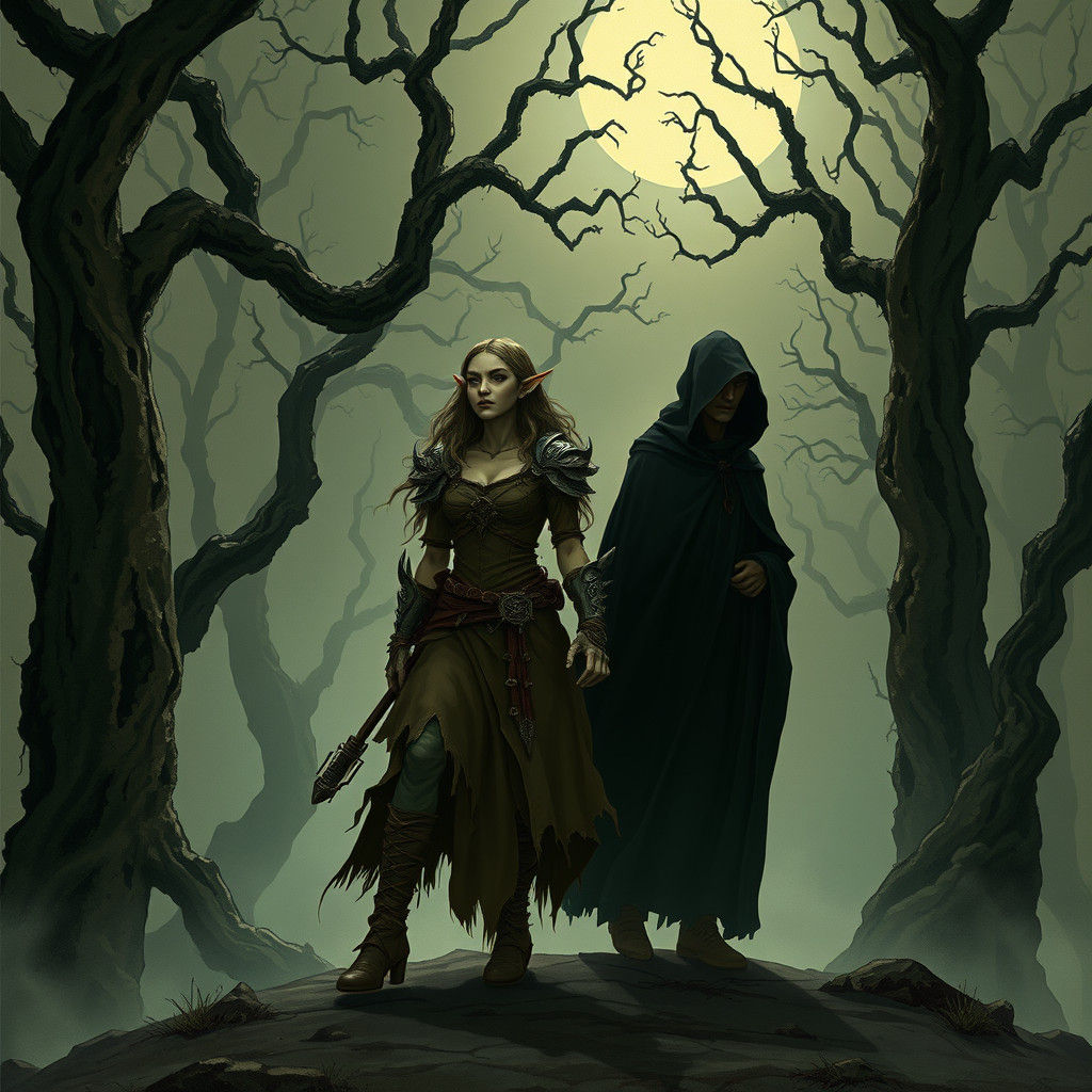 Elf and Wizard in Dark Forest, Doré Illustration