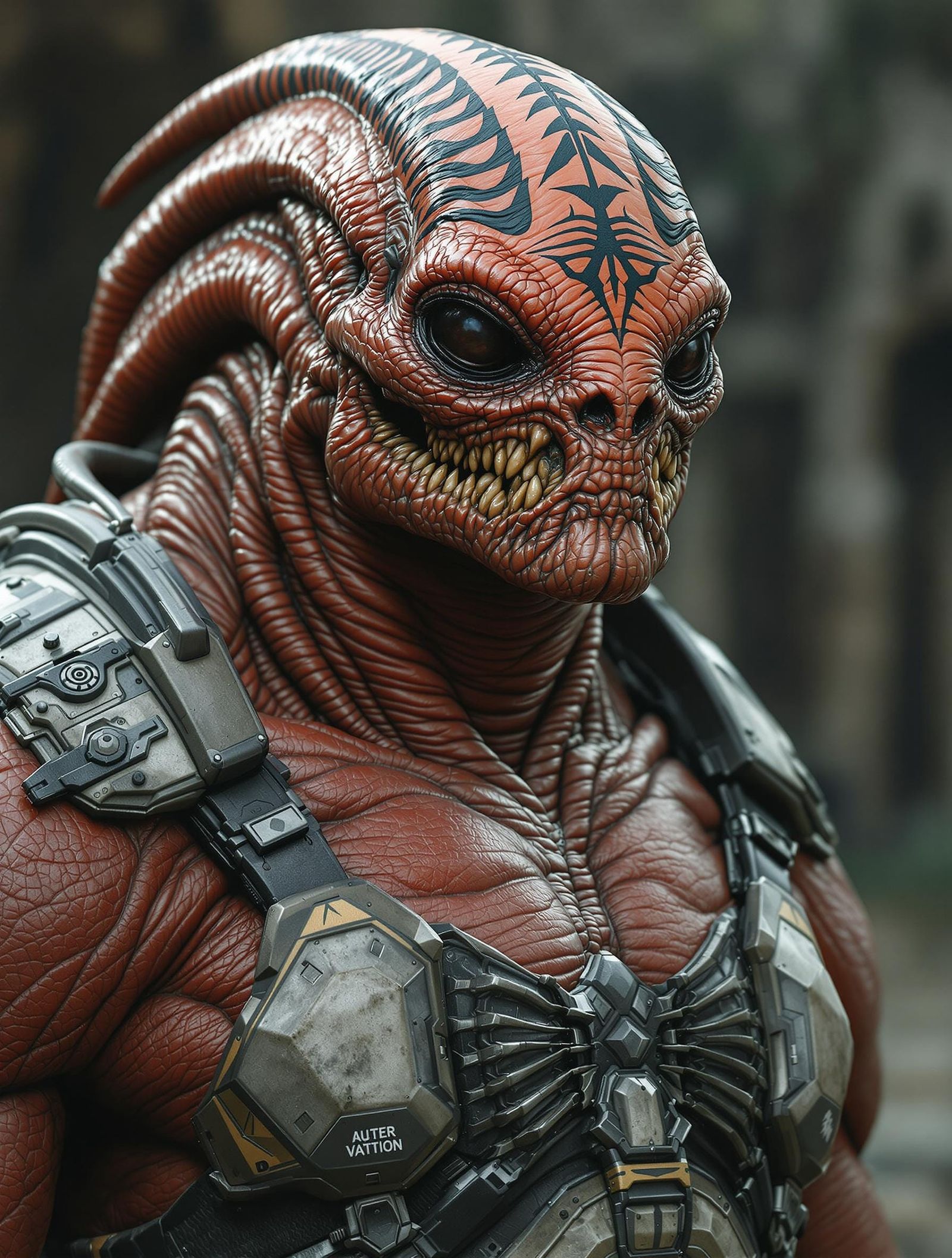 Dark Red Alien Warrior in Futuristic Armor